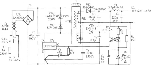 TOP224P構(gòu)成的12V、20W開關(guān)直流穩(wěn)壓電源電路